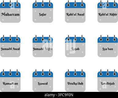Collection d'icônes de calendrier montrant les 12 mois hijri de Muharram à Dzulhijah en design plat moderne bleu et gris. Illustration de Vecteur