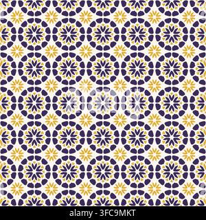 Motif répétitif sans couture de médaillons floraux à huit pétales et éclats d'étoiles en violet profond et or sur fond blanc, idéal pour les textiles, les papiers peints Banque D'Images