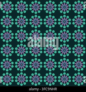 Motif répétitif sans jointure de fleurs à pétales pointus entourées d'un halo festonné, en violet et bleu-vert sur un fond bleu-vert foncé, adapté pour un style rétro t Banque D'Images