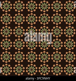 Motif répétitif sans couture de fleurs à pétales pointus entourées d'un halo festonné, en vert et orange sur un fond marron foncé, adapté au style rétro Banque D'Images