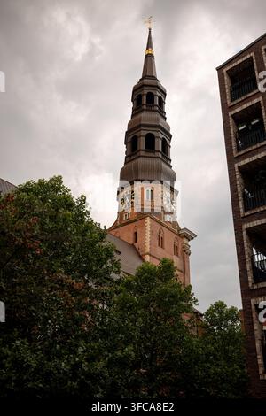 Tour et flèche de l’église Sainte-Catherine, Hauptkirche St. Katharinen, s’élevant au-dessus des arbres dans le centre de Hambourg. Banque D'Images