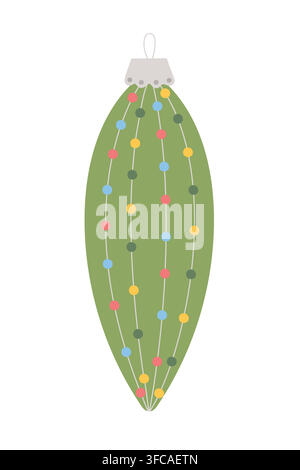 Ornement de Noël illustration plate dessinée à la main verte avec motif de guirlande perlée colorée, décoration d'arbre vintage, style saisonnier rétro, ambiance festive élégante et atmosphère de célébration hivernale chaleureuse Illustration de Vecteur