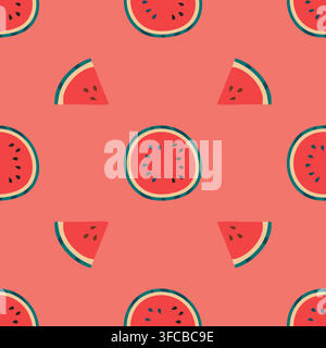 Motif sans couture avec moitié et morceaux de pastèque sur fond rouge. Motif estival fruité. Illustration vectorielle Illustration de Vecteur