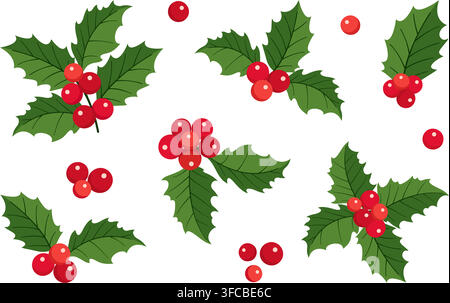 Ensemble de clipart vectoriel de baies de houx de Noël dessinées à la main. Comprend une collection de feuilles d'hiver vertes en style cartoon et de baies rouges. Parfait pour la conception d'autocollants de fête, de cartes de vœux et de motifs de fête. Illustration de Vecteur