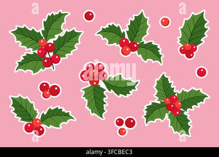 Pack d'autocollants vectoriels de baies de houx de Noël dessinés à la main. Comprend une collection de feuilles d'hiver vertes en style cartoon et de baies rouges avec trait blanc. Parfait pour les planificateurs de vacances, les calendriers et le scrapbooking. Illustration de Vecteur