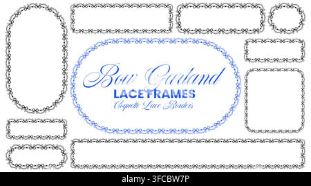 Bordures en dentelle avec nœud noir et ovale de titre bleu plus cercle, rectangle, arche et bande horizontale reliés par des guirlandes de perles comme garniture coquette isolée sur fond blanc pour étiquettes d'invitation. Illustration de Vecteur