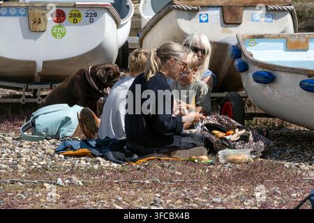 Famille pique-niquant dans le parc Dinghy, Orford, Suffolk, Angleterre Banque D'Images