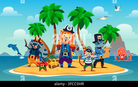 Personnages de pirates animaux en cartoon et corsaires sur une île tropicale des Caraïbes avec un coffre au trésor. Pirates animaux drôles, capitaine lion marin avec skipper singe, chien ou loup et raton laveur avec carte au trésor Illustration de Vecteur