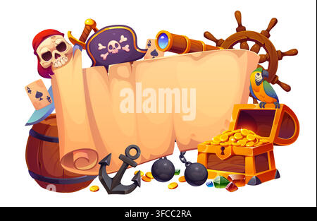 Bannière en papier vieil style pirate avec trésor et arme. Bannière en rouleau médiéval de style cartoon avec roue de navire corsaire et ancre, crâne de pirate, chapeau tricorne de capitaine et longue-vue, coffre au trésor, épée et tonneau Illustration de Vecteur