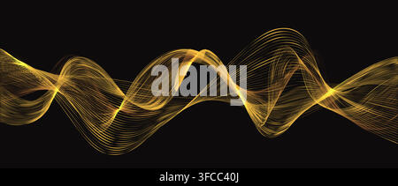 Flux d'onde dorée, fond luxueux et élégant. Motif ondulé en ligne ou ruban doré sur fond noir. Courbes et boucles d'onde dorées abstraites avec des particules de lumière jaune vif et des étincelles Illustration de Vecteur