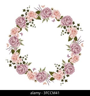 Couronne florale romantique avec roses blush, pivoines et feuillage délicat, peint à la main dans un élégant aquarelle. Parfait pour les invitations de mariage, la papeterie Banque D'Images