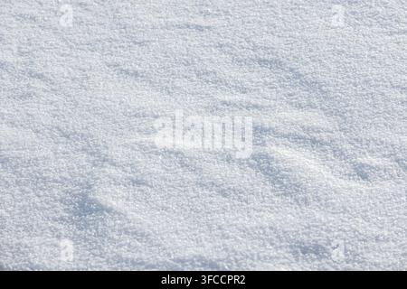 Grossissement de neige fraîche et étincelante montrant une texture cristalline fine, des ombres douces et des ondulations naturelles. Fond d'hiver minimaliste idéal pour la saison, Banque D'Images