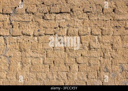 Photographie en gros plan capturant la texture complexe d'un mur érodé. Construit à partir de briques de boue moulées à la main, la surface présente des fissures naturelles Banque D'Images