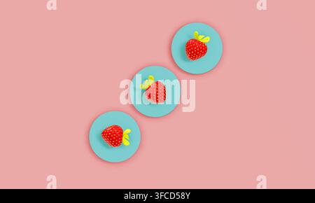 Trois fraises mignonnes sur fond bleu et rose, rendu 3D. Banque D'Images