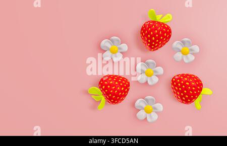 Trois fraises mignonnes avec des fleurs blanches sur fond rose, rendu 3D. Banque D'Images