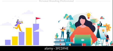 Concept professionnel de branding personnel montrant une femme d'affaires gérant son identité numérique, la promotion de carrière, la réalisation d'objectifs, illustration vectorielle plate Illustration de Vecteur