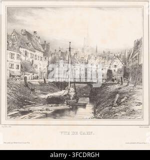 Vue d'un canal à Caen, Vue de Caen, Souvenirs d'Eugène Isabey, Souvenirs d'Eugène Isabey, estampe, Numéro de série, 2, graveur : Eugène Isabey, imprimeur (personne) : Joseph Rose Lemercier, Paris, éditeur : Victor Morlot, éditeur : McLean (éditeur), Londres, 1832, Eugène Isabey, Joseph Rose Lemercier, Victor Morlot, McLean (éditeur), graveur, imprimeur (personne), éditeur, papier, lithographie, hauteur 324 mm x largeur 354 mm, canaux, eaux (en ville) (+ ville(-scape) avec figures, staffage), Caen. Une gravure détaillée en noir et blanc encadrée par une bordure décorative montre un canal étroit se dirigeant vers Banque D'Images