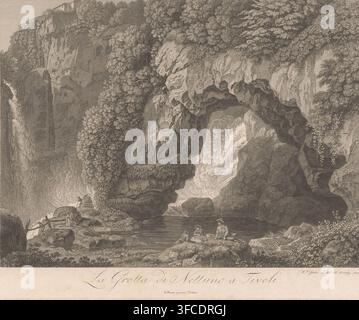 La Grotte de Neptune à Tivoli, Vue de la grotte de Neptune à Tivoli, estampe, graveur : Wilhelm Friedrich Gmelin, d'après un dessin de Wilhelm Friedrich Gmelin, éditeur : Wilhelm Friedrich Gmelin, Rome, 1809, Wilhelm Friedrich Gmelin, graveur, d'après un dessin de, éditeur, papier, gravure à l'eau-forte, hauteur 266 mm x largeur 343 mm, cascade, grotte, rocher, repos - BB - en plein air, Tivoli. Une gravure à l'eau-forte détaillée montre une falaise rocheuse avec une végétation dense tombant en cascade le long des pentes et des surplombs. Une grande ouverture de grotte domine le centre, avec des formations rocheuses texturées et de l'eau jaillissant de Banque D'Images