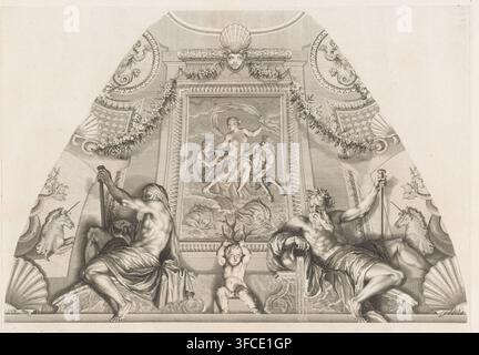 Triomphe de Neptune : Amphitrite dans une coquille tirée par des dauphins, Les peintures de Charles le Brun et d'Eustache Le Sueur qui sont dans, la maison du Président Lambert, gravure, Grisaille, représentant Amphitrite assise dans une coquille tirée par des dauphins et accompagnée de tritons, dans le coin du plafond de la Chambre des Bains de l'Hôtel Lambert. La représentation d'Amphitrite est flanquée de deux dieux fleuviaux, chacun avec une cruche d'eau. Au centre en dessous, un putto avec des cornes de corail sur la tête. L'estampe fait partie d'une série d'estampes d'après les peintures de l'Hôtel Lambert à Paris., graveur : Claude Augustin Banque D'Images