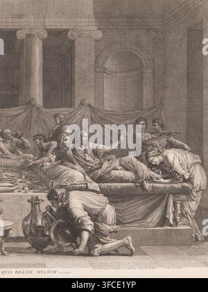 Christ dans la maison de Simon à Béthanie (partie droite), Quia dilexit multum, Christ dans la maison de Marthe et Marie (partie droite) (ancien titre), Sept Sacrements, estampe, Sacrement de Pénitence et de Réconciliation., graveur : Jean Pesne, d'après une peinture de Nicolas Poussin, éditeur : Gérard Audran, Paris, concessionnaire du privilège : Louis XIV (roi de France), France, 1680 - 1694, papier, gravure à l'eau-forte, hauteur 604 mm x largeur 472 mm, les pieds du Christ sont oints par Marie (Madeleine), repas dans la maison de Simon le Pharisien (Luc 7:36-50), confession, 'Confessione Sacramentale' (Ripa), le troisième des sept Banque D'Images
