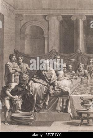 On lui pardonne de grands péchés, Christ dans la maison de Marthe et Marie (partie gauche) (ancien titre), Christ dans la maison de Simon à Béthanie (partie gauche), Sept Sacrements, estampe, Sacrement de Pénitence et de Réconciliation., graveur : Jean Pesne, d'après une peinture de Nicolas Poussin, éditeur : Gérard Audran, Paris, concessionnaire du privilège : Louis XIV (roi de France), France, 1680 - 1694, papier, gravure à l'eau-forte, hauteur 606 mm x largeur 433 mm, les pieds du Christ sont oints par Marie (Madeleine), repas dans la maison de Simon le Pharisien (Luc 7:36-50), confession, 'Confessione Sacramentale' (Ripa), le troisième des sept Banque D'Images