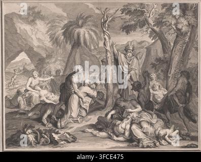 Une grande gravure monochrome détaillée montre une scène extérieure bondée sous des arbres et des collines rocheuses, avec un grand palmier feuillu et un arbre tordu et élancé au centre. Une figure debout vêtue d'une robe avec un bâton lève une main près de l'arbre tordu tandis qu'un serpent enroulé s'enroule autour du tronc. Autour de ce couple central se trouvent des groupes de personnes dans diverses poses, beaucoup allongées ou agenouillées, certaines tendant la main les unes vers les autres, d'autres paraissant molles ou soutenues par d'autres. À gauche, une femme assise berce un enfant mou tandis que d'autres se rassemblent derrière elle. À droite, plusieurs figures partiellement drapées gisent ou s'agenouillent sur le Banque D'Images
