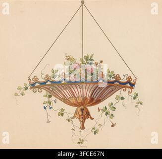 Jardinière, dessin de conception, Jardinière suspendue en forme de panier rayé rouge et blanc., inscription : 'HEINRICH JENNY', Allemagne, Suisse, c. 1830 - c. 1850, peinture (revêtement), matériaux par fonction, papier, encre, peinture de couverture, aquarelle, plume et encre noire, aquarelle et peinture opaque, hauteur 189 mm x largeur 219 mm., Un panier décoratif suspendu est montré suspendu par de fines cordes convergeant vers un petit point rond en haut, le panier présentant un bord festonné peint avec des accents bleus et dorés et un bol central cannelé avec des rayures verticales rouges et roses, des ornements en volutes et un élément pendentif sculpté Banque D'Images