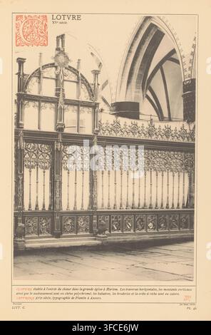Clôture, XIe siècle, écran de chœur dans la Grote ou Sint-Bavokerk à Haarlem, page, impression photomécanique, inscription : 'Cloture, ', monogramme : 'JJvY', inscription : 'LITT. C. - PL. 46', Sint-Bavokerk (Haarlem), fabricant de cliché : Joseph Maes (éventuellement), Anvers, d'après un dessin de Christoffel Plantijn, c. 1875 - avant ou vers 1880, photographe, Haarlem, papier, collotypie, photolithographie, hauteur 342 mm x largeur 235 mm, parties de l'intérieur de l'église : chœur., Un grand écran en bois orné avec des panneaux sculptés complexes et une rangée de balustres fins sculptés se dresse au premier plan, surmonté d'un décor en travail ouvert Banque D'Images