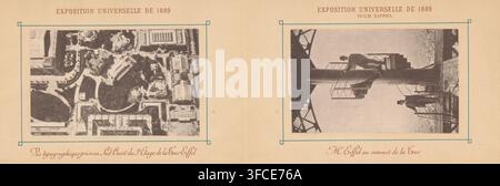 M. G. Eiffel au sommet de la tour, Gustav Eiffel et un autre homme au sommet de la Tour Eiffel, Exposition Universelle de 1889, page, impression photomécanique, fabricant : Neurdein Frères, Paris, 1889, papier, collotypie, tirage photographique, hauteur 106 mm x largeur 66 mm, Personne, Gustav Eiffel, tour, tour horloge, ornement monumental, Exposition Universelle 1889 (Paris), Tour Eiffel., Une image sépia horizontale divisée en deux photos rectangulaires encadrées sur un fond pâle, la photo de gauche montre une vue aérienne d'une zone aménagée avec des allées, des pelouses et plusieurs bâtiments vus du dessus, la photo de droite montre deux Banque D'Images