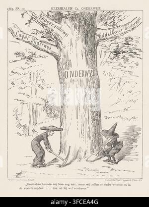Caricature des partis cléricaux et de l'éducation, 1885, Éducation cléricale Ca., caricature, estampe, Caricature des partis cléricaux et de l'éducation. Planche publiée dans le hebdomadaire De Nederlandsche Spectator, no. 10, 1885., graveur : Johan Michaël Schmidt Crans, Pays-Bas, imprimeur (personne) : Spanier & Zn, veuve Elias, éditeur : Martinus Nijhoff, La Haye, imprimeur (personne), papier, lithographie, hauteur 275 mm x largeur 215 mm, Période., Un tronc d'arbre élevé occupe le centre de l'image avec quelques grandes branches s'étendant vers l'extérieur et des feuillages esquissés autour, deux petites figures s'agenouillent à la base de l'arbre sur Banque D'Images