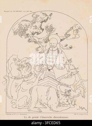 Li, le grand dompteur d'animaux chinois, caricature, impression, graveur : Willem van Konijnenburg, imprimeur (personne) : Lankhout & Co, Samuel, La Haye, 1896-07-05, imprimeur (personne), papier, lithographie, lithografie, hauteur 410 mm x largeur 300 mm., Un dessin à l'encre de sepia dans un cadre en arc montre une figure humaine centrale portant un chapeau rond, de longs colliers de perles, des vêtements superposés ornés avec des bas à motifs et une expression faciale calme ; des formes tourbillonnantes semblables à des nuages avec un petit visage d'animal apparaissent au-dessus et derrière la figure ; autour de la figure centrale se trouvent quelques animaux et des têtes humaines Banque D'Images
