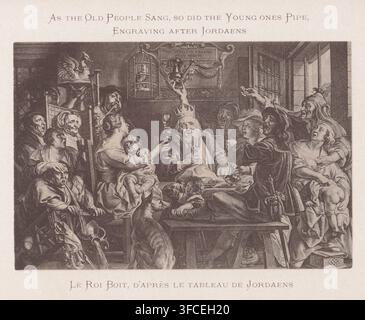 Comme le vieux chantait, le jeune jouait de la flûte, gravure d'après Jordaens, Reproduction d'une estampe représentant un roi buvant en compagnie d'hommes et de femmes inconnus, Le Roi boit, d'après le tableau de Jordaens, reproduction, page, impression photomécanique, d'après un dessin anonyme, d'après un dessin de Jacques Jordaens, c. 1892 - avant 1897, Jacques Jordaens, d'après un dessin de, papier, collotypie, impression photomécanique, hauteur 106 mm x largeur 158 mm, rangs, dirigeants, souverains, Épiphanie, qui tombe généralement le soir du 6 janvier, bagarre ivre (généralement des paysans se battant dans une auberge)., Une scène intérieure bondée représentée en Banque D'Images