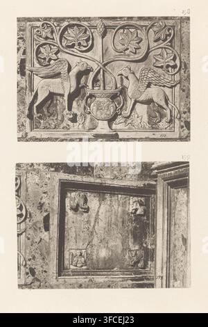 Deux détails de l'extérieur de Saint-Marc à Venise, l'un avec des griffons, impression photomécanique, Ces impressions font partie d'une couverture avec 51 impressions sur 29 feuilles et 1 feuille de texte., numéro : '199.', numéro : '137', numéro : '198.', numéro : '198', numéro : '199', photographe : Carl Heinrich Jacobi, Venise, photographe : Ferdinando Ongania, fabricant de cliché : Carl Heinrich Jacobi, c. 1879 - avant ou en 1884, Carl Heinrich Jacobi, Ferdinando Ongania, photographe, fabricant de cliché, papier, collotypie, impression photographique, hauteur 395 mm x largeur 310 mm, pièce de sculpture, reproduction d'une pièce de sculpture, église (extérieur) Banque D'Images