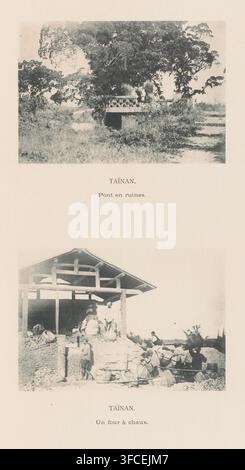 Vue d'un pont délabré et d'une haute fournaise à Tainan, Taïnan. Pont et ruines, Taïnan. Un four à chaux, page, impression photomécanique, c. 1891 - avant 1896, papier, collotype, impression photographique, hauteur 383 mm x largeur 266 mm, haute fournaise, paysage avec ruines, pont (+ une personne, trafic et transport), Tainan. Une image verticale contenant deux photographies noir et blanc séparées empilées l'une au-dessus de l'autre, la photo supérieure montre un paysage avec un pont bas en pierre ou en brique partiellement envahi par de hautes herbes et de la végétation, un groupe de grands arbres avec un feuillage dense derrière et autour Banque D'Images