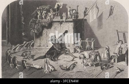 Fête des souris, impression, illustration de livre, Un chat est pris au piège. Tout autour, les souris célèbrent : elles dansent, jouent de la musique et agitent un drapeau., graveur : Dirk Jurriaan Sluyter, Amsterdam, d'après un dessin de Bernard te Gempt, éditeur : Arie Cornelis Kruseman, Haarlem, 1861, papier, gravure à l'eau-forte, hauteur 120 mm x largeur 190 mm, chat et souris., Une scène monochrome détaillée montre un grand groupe de petits rongeurs disposés sur un plancher en bois autour d'un animal plus grand central qui semble être un chat assis sur ses hanches avec une patte levée et la gueule ouverte. Plusieurs rongeurs se tiennent sur leurs pattes arrière en Banque D'Images