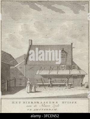 Vue de la Maison des Porteurs de Bière à Amsterdam, La Maison des Porteurs de Bière sur la Nieuwe Zyde à Amsterdam, estampe, illustration de livre, La Maison des Porteurs de Bière sur le Spui près du Begijnensloot à Amsterdam. La maison a été vendue et démolie en octobre 1829 pour ƒ 120., graveur : Johan Christoffel Schultz, éditeur : Jan Augustijn Swalm, Amsterdam, 1797-05, Johan Christoffel Schultz, Jan Augustijn Swalm, graveur, éditeur, papier, eau-forte, gravure, eau-forte et gravure, hauteur 168 mm x largeur 130 mm., Un dessin linéaire détaillé d'un bâtiment simple avec un toit de tuiles abrupt et un petit central Banque D'Images