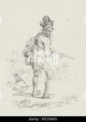 Chasseur, estampe, Dans un paysage, un chasseur marche derrière son chien, à droite. Il fume une pipe et tient son fusil sous son bras droit., graveur : Gaspard Louis François van Kinschot, 1821 - 1861, papier, chine collé, gravure, gravure sur chine collé, hauteur 291 mm x largeur 231 mm, pipe, tabac, chiens de chasse., Un dessin à la plume et à l'encre d'un homme debout vu de dos et de profil, portant un grand chapeau avec de petites feuilles glissées dedans et un foulard, portant un grand sac en bandoulière sur une épaule et une longue arme à feu en travers de son corps, ses vêtements paraissant amples et usés avec des traces visibles Banque D'Images