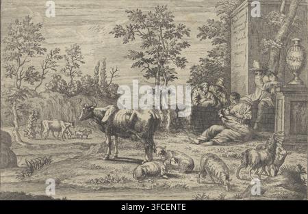 Paysage avec bétail et fermiers, impression, Au pied d'un mur, une femme allaite son enfant emmailloté. Une femme et deux hommes observent. Un berger marche le long du rivage avec son troupeau., numéro : 'No. 805', graveur : Paul van Somer (II), Paris, éditeur : Pierre Landry, concédant du privilège : Louis XIV (roi de France), 1671, papier, eau-forte, gravure, eau-forte et gravure, hauteur 188 mm x largeur 292 mm., Une scène rurale gravée en monochrome représente un paysage avec un groupe d'arbres et un terrain ondulé s'étendant jusqu'à des collines lointaines sous un ciel rayé. Au premier plan se tient une grande vache Banque D'Images