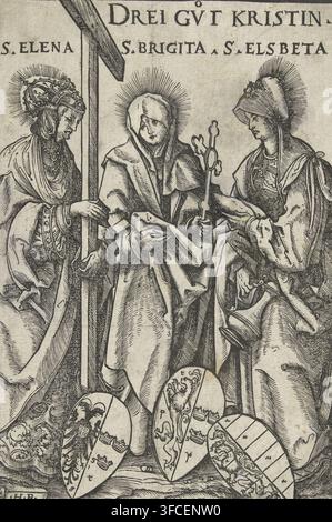 Trois meilleures femmes chrétiennes, Sainte Hélène, Sainte Brigitte de Suède et Sainte Élisabeth de Hongrie comme les trois meilleures femmes chrétiennes, Héros et Héroïnes, estampe, Sainte Hélène avec une grande croix, Sainte Brigitte de Suède avec une petite croix et Sainte Élisabeth de Hongrie avec une cruche à la main. Ces trois femmes sont représentées comme les trois meilleures femmes chrétiennes, comme le montre le texte allemand. Au sol se trouvent les écussons avec les armoiries de leurs familles., graveur : Hans Burgkmair (I), 1516, papier, gravure sur bois, hauteur 190 mm x largeur 128 mm, l'épouse et la veuve du landgrave de Thuringe, Banque D'Images