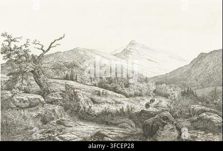 Le cimetière de Baden-Baden, estampe, Le cimetière de Baden-Baden. Paysage montagneux avec une petite procession funèbre en route vers le cimetière à gauche entre les arbres. Au premier plan, une petite cascade., graveur : Pierre Louis Dubourcq, Pays-Bas, 1856, papier, eau-forte, hauteur 325 mm x largeur 480 mm., Un vaste paysage d'encre montre des collines ondulantes et des montagnes lointaines sous un ciel pâle, avec des pentes texturées et des crêtes. Au premier plan, un arbre tordu et penché pousse sur un sol rocheux à côté d'une petite cascade qui coule sur des pierres dans un ruisseau peu profond. Des berges herbeuses, des buissons et des groupes de Banque D'Images