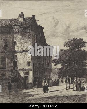 Vue d'une rue à Amsterdam, gravure, Plusieurs personnages marchent dans la rue. Quelques maisons se dressent à gauche et au loin. Des arbres sont visibles à droite., graveur : Jan Weissenbruch, Amsterdam (peut-être), 1850, papier, eau-forte, hauteur 222 mm x largeur 181 mm, habitat urbain, femme adulte, homme adulte, arbres, vue de ville et paysage avec constructions artificielles, marche., Une scène de rue monochrome détaillée montre la façade d'un ancien bâtiment à plusieurs étages avec des murs texturés, de petites fenêtres, un toit en tuiles et une cheminée, son côté ombragé créant un contraste vertical fort ; devant et Banque D'Images