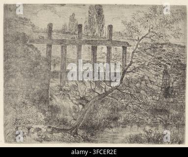 Écluses dans le Jeker près de la muraille de la ville, impression, graveur : Alexander Schaepkens, 1830 - 1899, papier, gravure à l’eau-forte, hauteur 132 mm x largeur 172 mm, écluse, barrage, Maastricht. Une scène gravée monochrome montrant une barrière en bois avec des poteaux verticaux s’étendant sur un ruisseau qui coule, avec l’eau qui tombe en cascade sur des rochers en dessous ; un arbre penché avec des branches minces et des feuilles clairsemées s’étend depuis le premier plan droit vers le centre ; autour de l’eau se trouvent des berges texturées de gazon, de buissons et d’un feuillage dense, avec un talus en pente sur la gauche et un mur de pierre rugueux visible sur la droite ; à l’arrière-plan quelques Banque D'Images