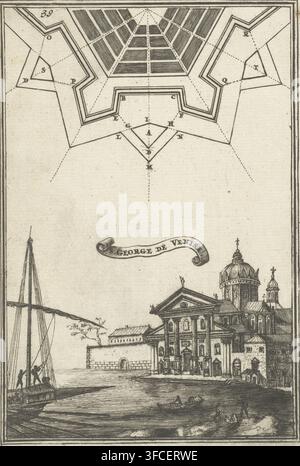 Illustration pour 'Den Arbeid van Mars' par Allain Manesson Mallet, gravure, illustration de livre, plan de situation d'une partie d'une forteresse, d'un fort ou d'une fortification. En dessous, une vue d'un bâtiment religieux au bord de l'eau (San Giorgio Maggiore à Venise). Dans le coin supérieur gauche, le numéro 39 deux fois (= le numéro de page dans le livre en face duquel l'illustration est placée)., graveur : Romeyn de Hooghe, Amsterdam, 1672, papier, eau-forte, hauteur 186 mm x largeur 110 mm, église (extérieur), cours d'eau, fortifications, génie militaire, mathématiques, Venise., Une scène gravée montre un front de mer architectural avec un Banque D'Images