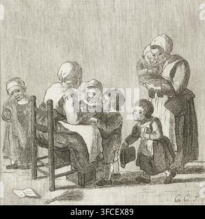 Classe scolaire, impression, Une école pour enfants. Un enseignant est assis sur une chaise et lit une leçon aux enfants à partir d’un livre. À droite, une mère amène sa fille. À gauche, une fille est debout et pleure. Une baguette gît sous la chaise de l’enseignant., graveur : Pieter de Mare, d’après un dessin de Christina Chalon, Leiden, 1779, papier, eau-forte, épreuve d’impression, largeur 109 mm x hauteur 114 mm., Un groupe de personnes rendu en traits fins hachurés remplit la partie inférieure de l’image, montrant plusieurs femmes et enfants en vêtements et couvre-chefs anciens ; une femme est assise sur une chaise en bois avec un tissu Banque D'Images