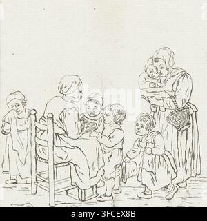 Classe scolaire, impression, Une école pour enfants. Un enseignant est assis sur une chaise et lit une leçon aux enfants à partir d’un livre. À droite, une mère amène sa fille. À gauche, une fille est debout et pleure. Une canne gît sous la chaise de l’enseignant., graveur : Pieter de Mare, Leiden, d’après un dessin de Christina Chalon, 1779, papier, eau-forte, épreuve d’impression, largeur 109 mm x hauteur 116 mm., Un dessin au trait sur papier léger montrant un groupe de personnes regroupées vers le bas à droite, y compris un adulte assis portant une couverture de tête et quelques enfants rassemblés étroitement autour, un enfant debout et regardant Banque D'Images