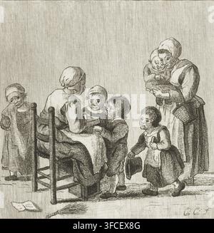 Classe scolaire, estampe, Une école pour enfants. Une enseignante est assise sur une chaise et lit une leçon aux enfants à partir d'un livre. À droite, une mère amène sa fille. À gauche, une fillette est debout et pleure. Une canne gît sous la chaise de l'enseignante., graveur : Pieter de Mare, Leiden, d'après un dessin de Christina Chalon, 1779, papier, eau-forte, épreuve d'impression, largeur 109 mm x hauteur 113 mm., Une eau-forte monochrome représente un groupe d'enfants et une femme adulte rassemblés de près, tous vêtus de simples vêtements et bonnets d'époque ; une femme est assise sur une chaise en bois avec un enfant debout devant elle tandis que d'autres Banque D'Images