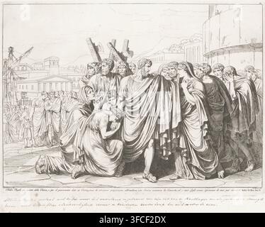 Attilio Regolo, par amour de la Patrie, et pour le serment donné aux Carthaginois de revenir prisonnier, abandonne avec, Marcus Atilius Regulus part pour Carthage, Histoire de l'Empire romain, Frontispice de l'Istoria Romana, estampe, Numéro de série, 50, 101, Marcus Atilius Regulus prend congé de sa famille et part pour Carthage., inscription : 'Attilius Regulus part par amour de la patrie, fidèle à son serment aux Carthaginois de revenir prisonnier, avec une fermeté héroïque il quitte sa femme et ses enfants sans espoir de les revoir un jour.', graveur : Bartolomeo Pinelli, Rome, Banque D'Images