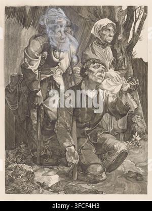 Trois mendiants près d'un arbre, impression, Deux hommes et des femmes en vêtements déchirés près d'un arbre. L'homme debout et l'homme assis se soutiennent tous deux avec des béquilles. L'homme assis tend la main. La femme tient un petit panier en osier. Une autre tête a été dessinée au-dessus de la tête de l'homme debout avec de la craie blanche., graveur : Johannes Josephus Aarts, 1881 - 1934, matériau inorganique, papier, craie, gravure, technique d'impression en taille-douce, gravure et ton de plaque avec un bloc de ton beige avec corrections en craie blanche et noire, hauteur 362 mm x largeur 254 mm, mendiant, béquilles., Une détaillée Banque D'Images