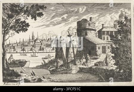 Paysage urbain avec un port de pêche et une partie de la muraille de la ville, Paysages urbains et ports, impression, numéro de série, 2, 6, Paysage urbain avec un port de pêche et des bateaux. Au premier plan, un bateau d'amarrage avec des voiles hissées et une section d'une muraille de ville avec une tour., graveur : Richard Adam, Pays-Bas (peut-être), 1654 - avant 1693, papier, gravure, hauteur 102 mm x largeur 155 mm, dans la littérature erronément comme Philip Adam, port, vue de la ville, panorama urbain, silhouette de la ville., Une vue détaillée à l'encre montre une scène riveraine avec un groupe de petits bateaux amarrés le long de la rive et une personne debout dans un bateau Banque D'Images