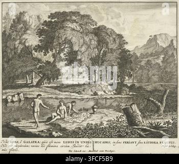 Trois nymphes se baignant dans un petit lac, Scènes de la collection de poèmes Bucolica de Virgile, estampe, Illustration pour l'Écloga 9 de Virgile. Trois nymphes se baignent dans un petit lac dans un paysage arcadien., graveur : Jan van Call (I), éditeur : Pieter Schenk (I), Amsterdam, 1666 - 1706, Jan van Call (I), Pieter Schenk (I), inconnu, graveur, éditeur, concessionnaire de privilège, papier, eau-forte, hauteur 168 mm x largeur 200 mm, nymphes (en général), 'Ninfe in commune' (Ripa), (histoire de) Galatée, 'Galatée' (Ripa)., Une scène monochrome détaillée montre une rive boisée avec un groupe d'arbres formant un dense Banque D'Images